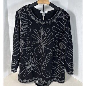 Once Again Womens Blouse Black 3/4 Sleeve Stretch Embroidered Plus 1X